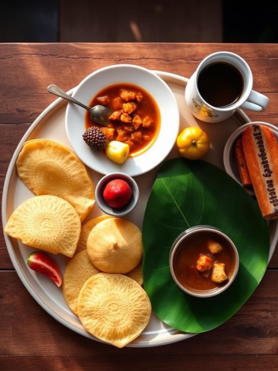 Traditional Kerala breakfast of appam and stew on a wooden table