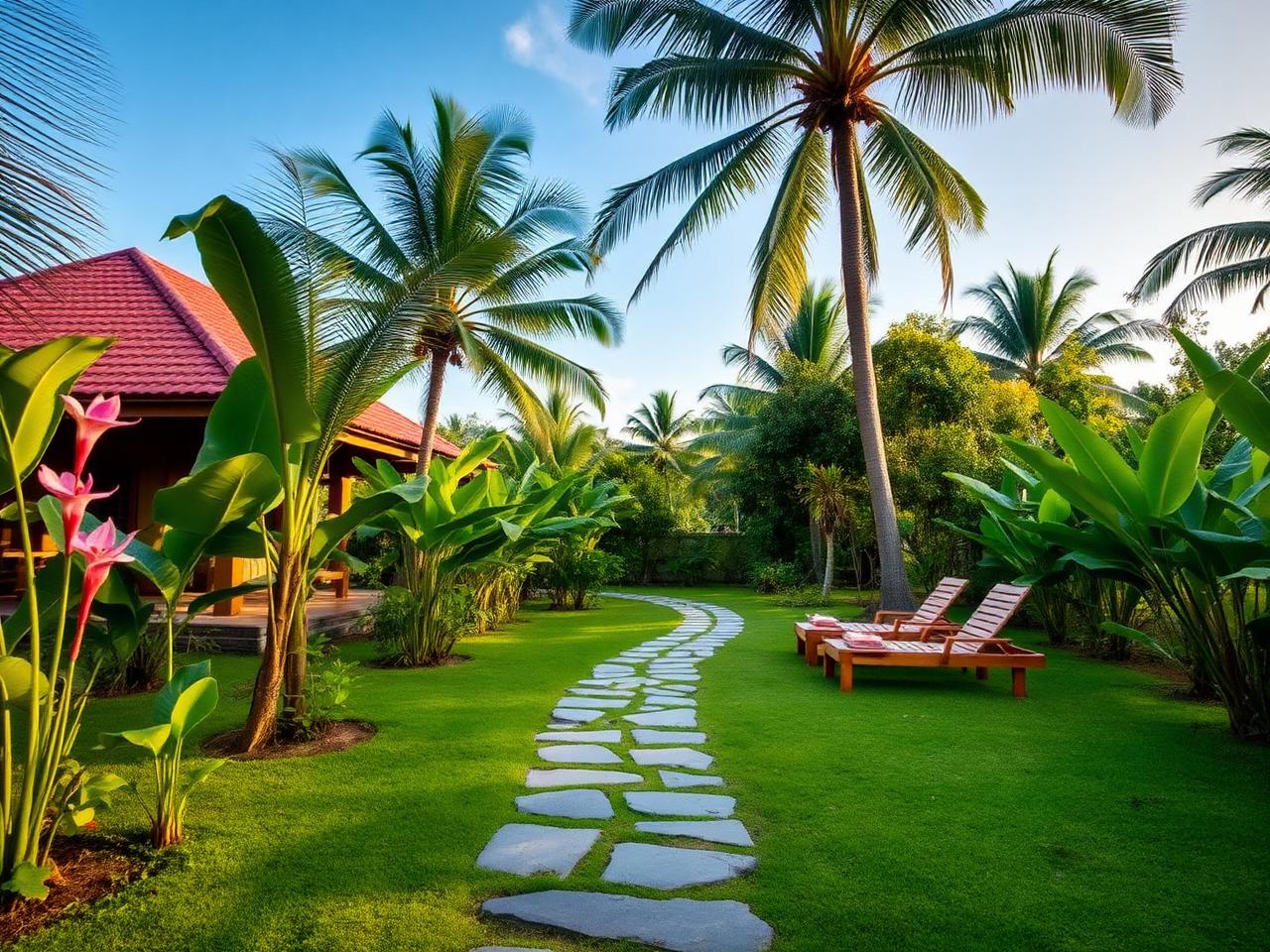 Tropical garden with stone pathway and lounge chairs