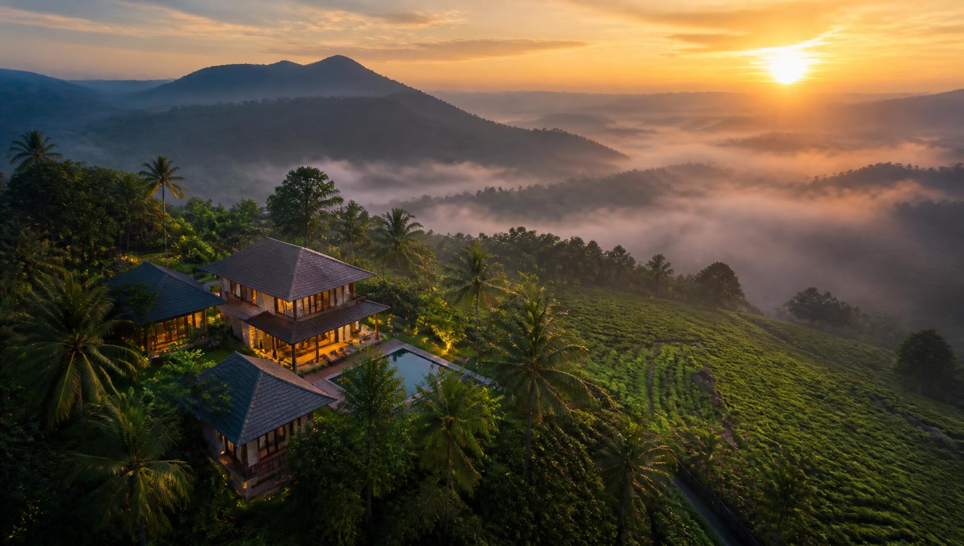 The hills and valley surrounding Kattakayam Heavens at sunrise in Kerala